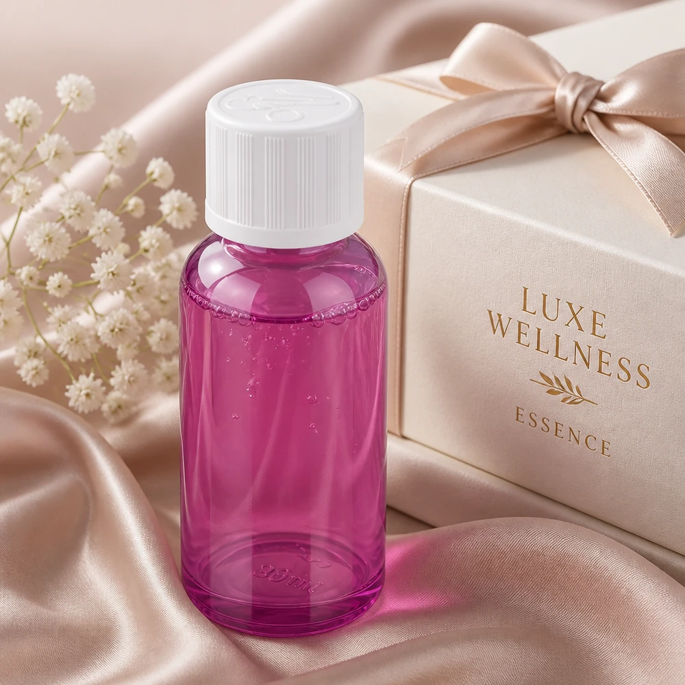 Frasco compacto de vidro violeta de 30 ml com tampa de plástico branca robusta para um transporte seguro