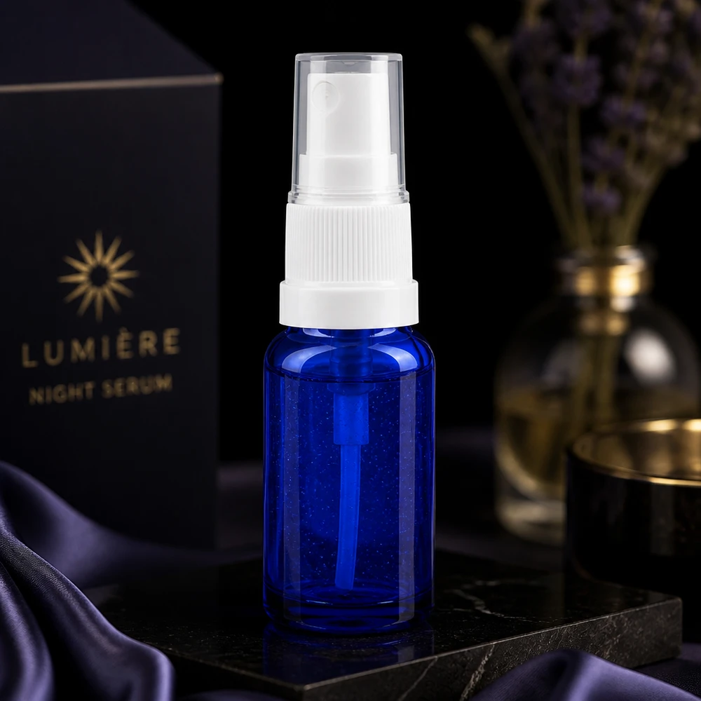 Pequeno frasco pulverizador de 10 ml em vidro azul com bico pulverizador branco, para séruns e produtos cosméticos