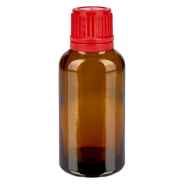 Frasco de 30 ml com tampa de rosca de 11 mm vermelha com fecho inviolável BrownLine UT18/30