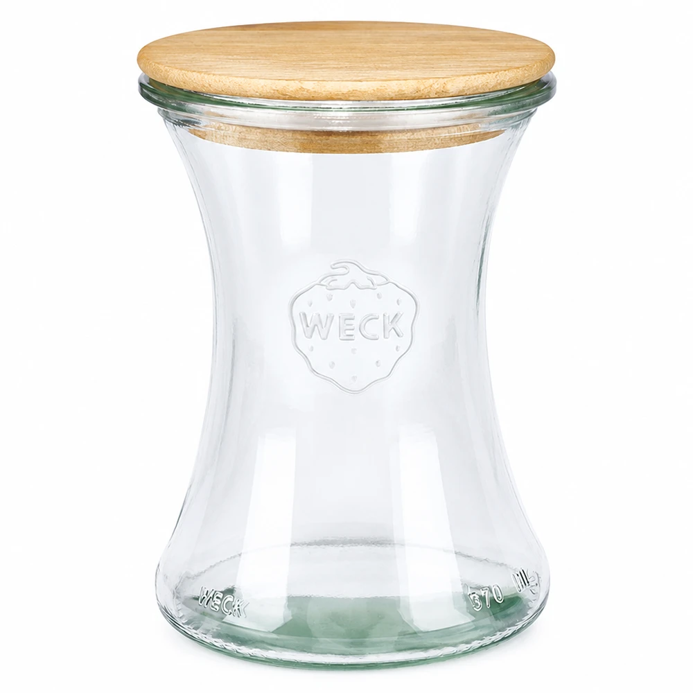 Frasco de charcutaria WECK 370ml RR80 com tampa de madeira em vidro transparente para conservação e armazenamento