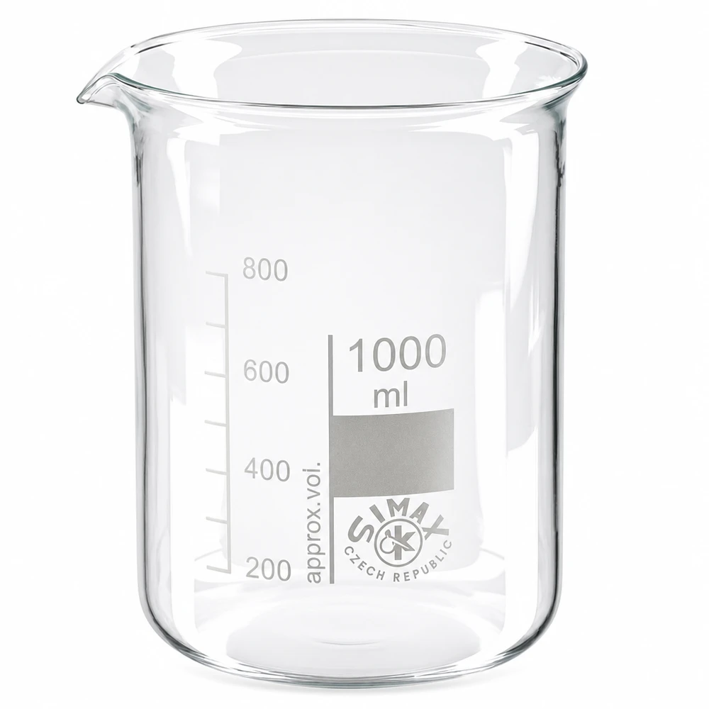 Copo de molde baixo 1000 ml em vidro borossilicato com bico para trabalhos laboratoriais de precisão