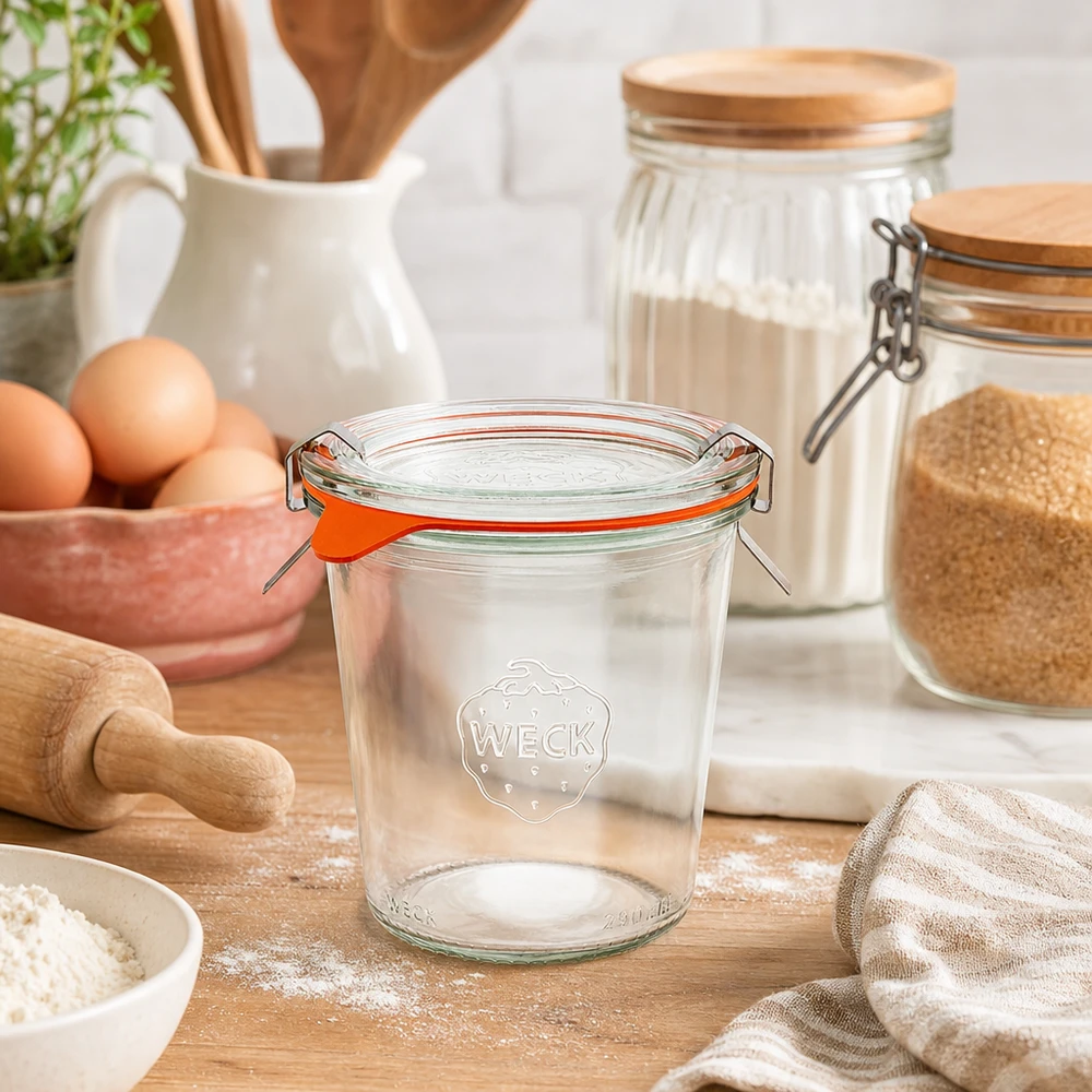 Copos WECK 290ml RR80 vazios em ambiente de cozinha natural com ingredientes de pastelaria, farinha, ovos e utensílios de madeira