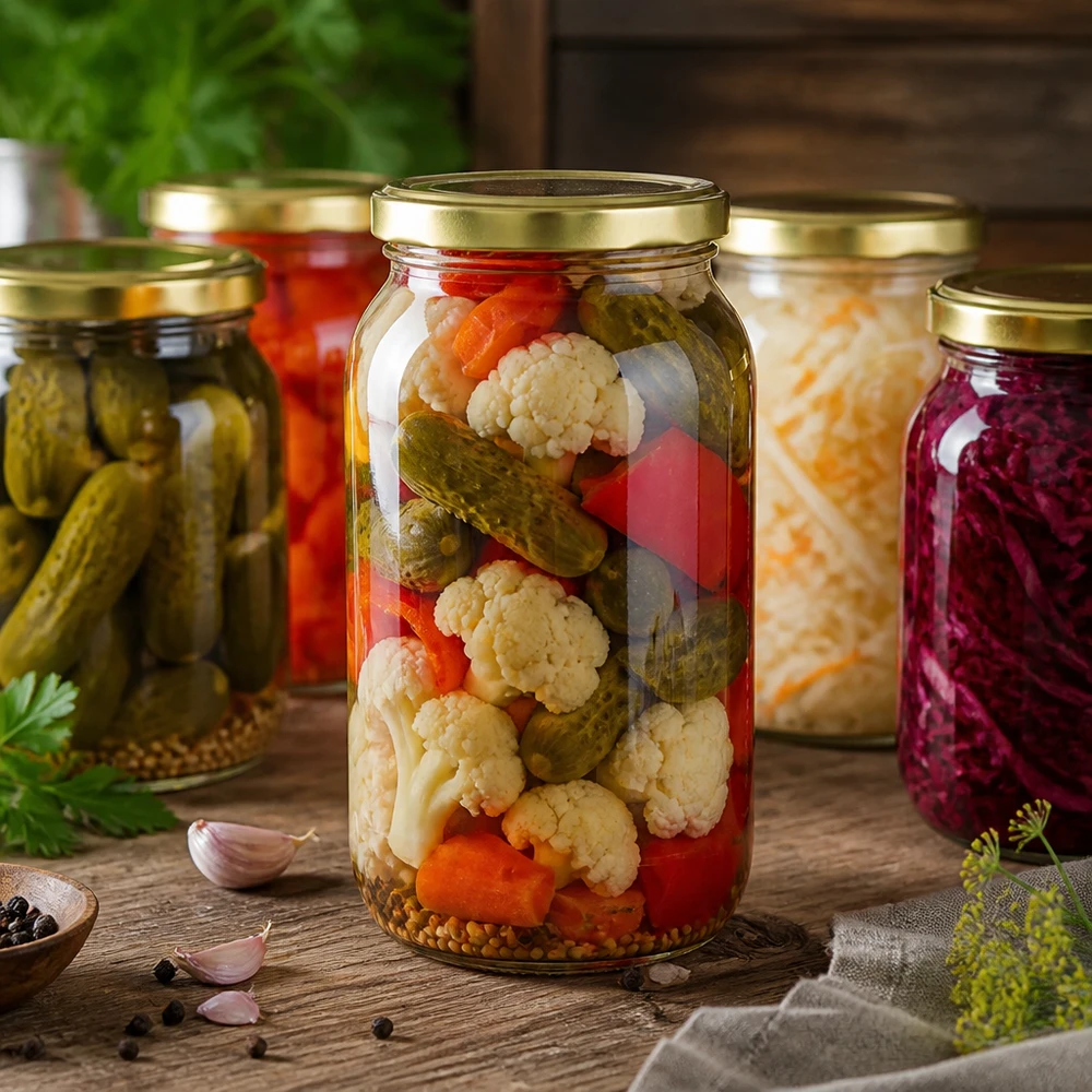 Frasco redondo de 1062 ml com tampa dourada UNiTWIST para legumes em conserva e alimentos fermentados