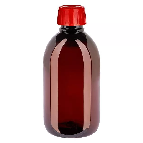 Frasco PET 250ml com tampa de desgaseificação vermelha Frasco PET 250ml com tampa de desgaseificação vermelha