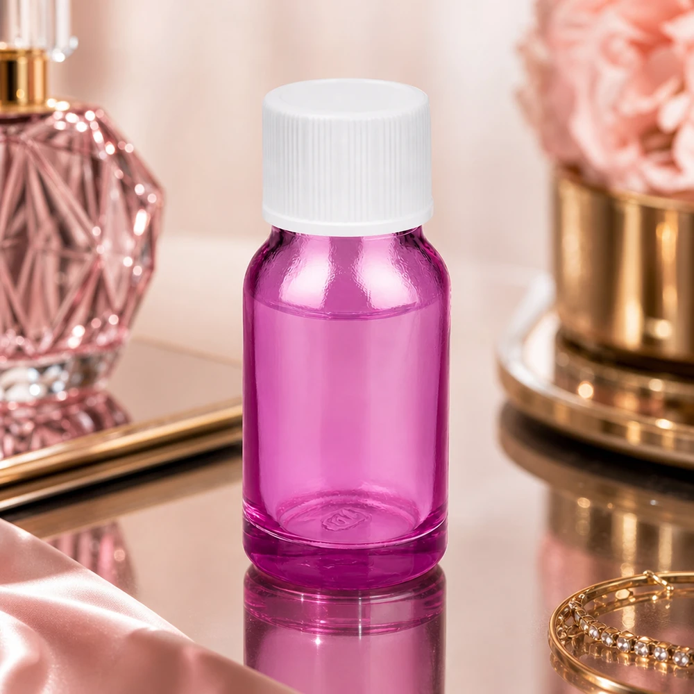Frasco de vidro violeta de 10 ml com tampa de rosca branca, perfeito para cosméticos e soros DIY