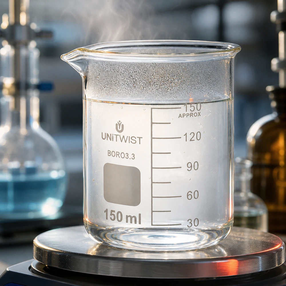 Copo 150 ml de borossilicato, baixo teor de bolor UNiTWIST Copo de vidro UNiTwist de 150 ml, de borossilicato, de formato baixo, sobre uma balança de laboratório com água quente e vapor
