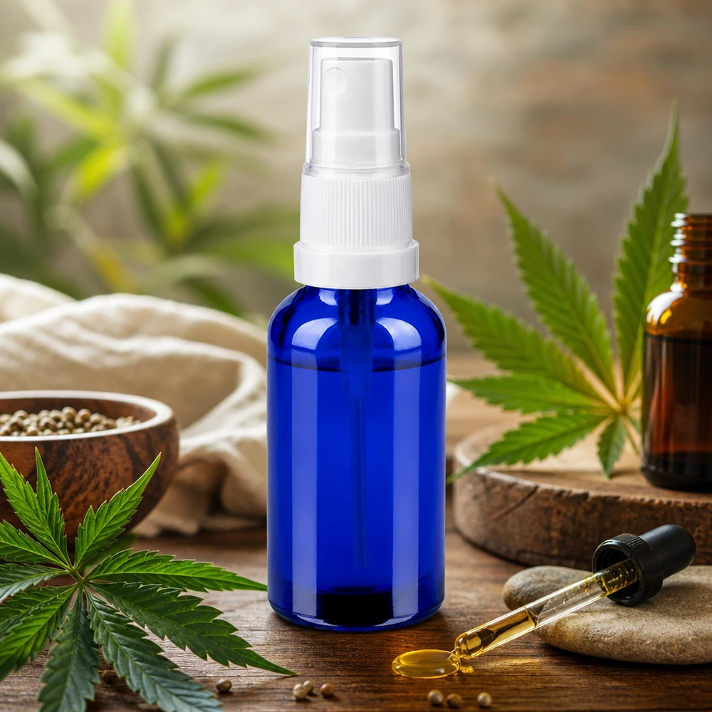 Frasco de vidro azul de 30 ml com cabeça de pulverização transparente para cuidados naturais da pele e bem-estar