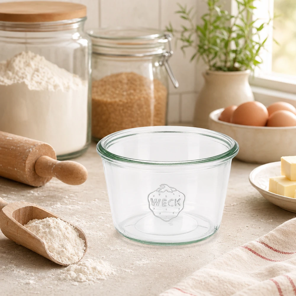 370ml Sturzglas WECK RR100 Frasco de vidro WECK 370ml RR100 na cozinha com ingredientes de pastelaria e utensílios de cozinha