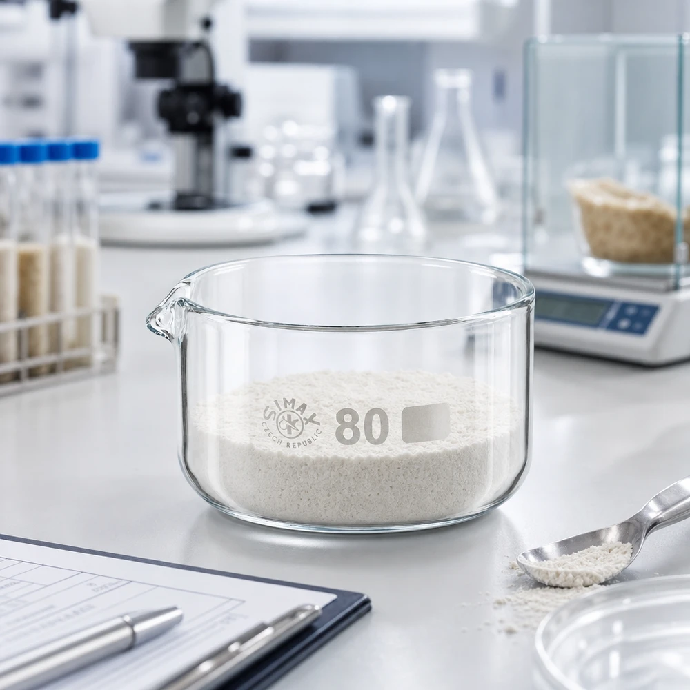 Bandeja de cristalização de 150 ml com pó branco sobre uma balança de laboratório e um microscópio ao fundo, ø80 mm