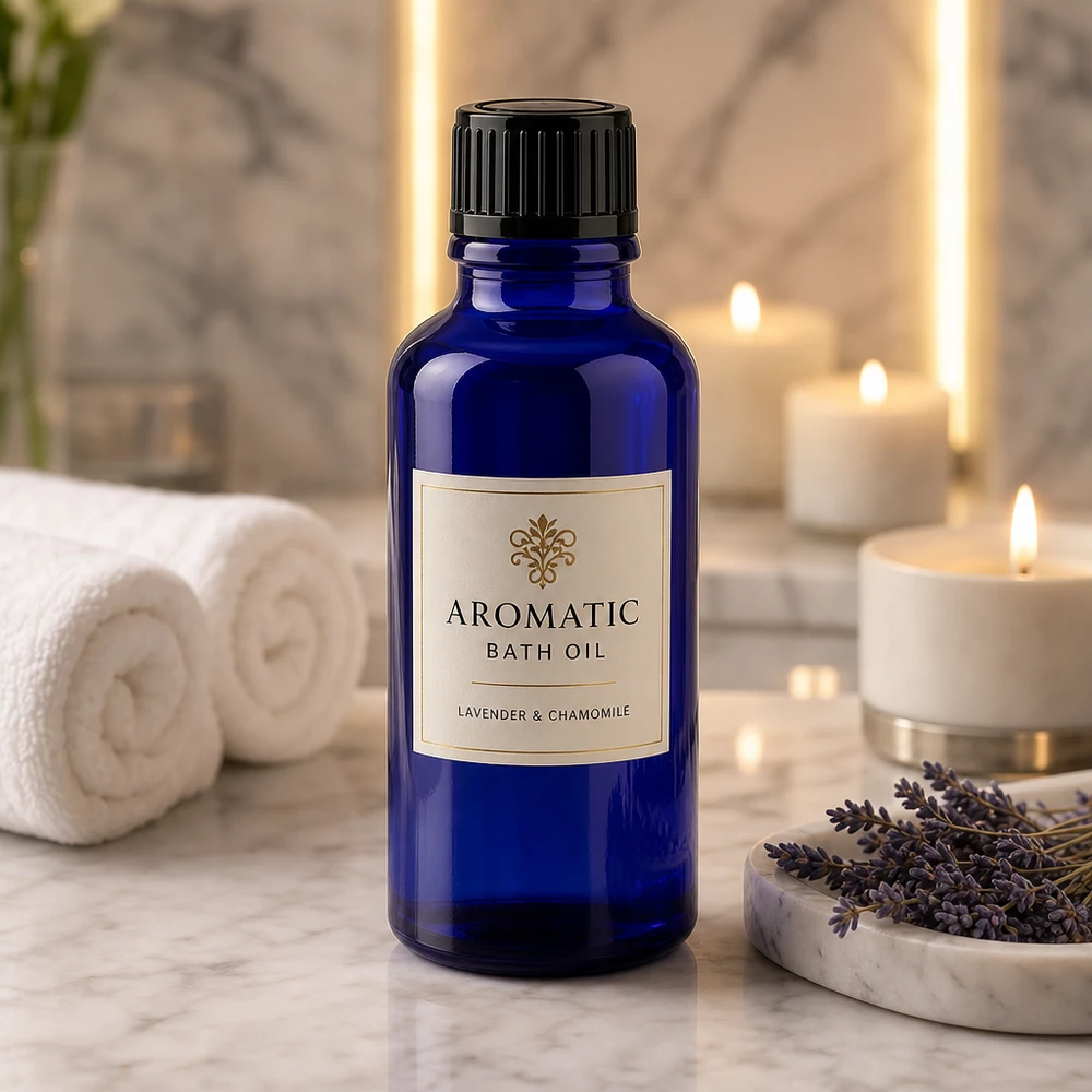Frasco conta-gotas de 30 ml azul cobalto com tampa preta, sobre mármore, ao lado de velas e flores de lavanda
