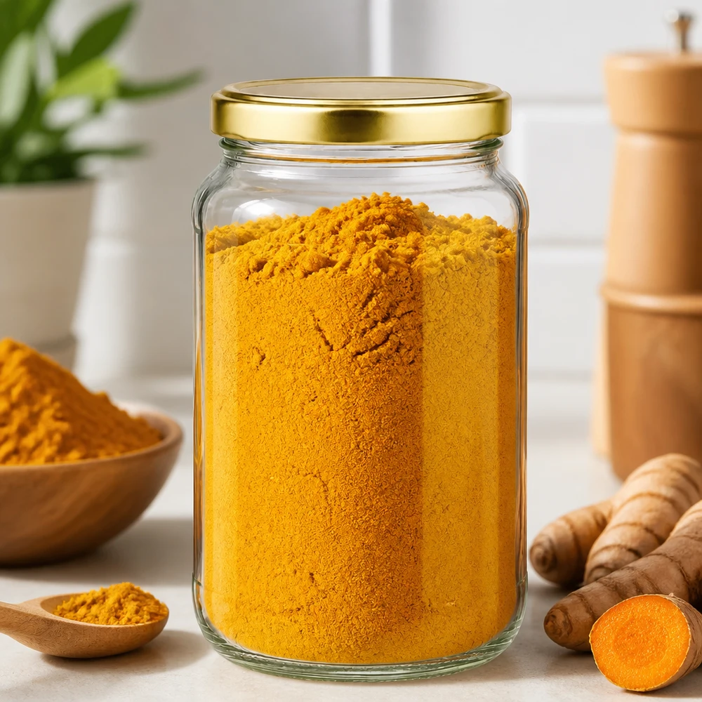 O frasco redondo de 1700 ml com tampa dourada BasicSeal cheio de curcuma em pó mostra uma utilização prática na cozinha