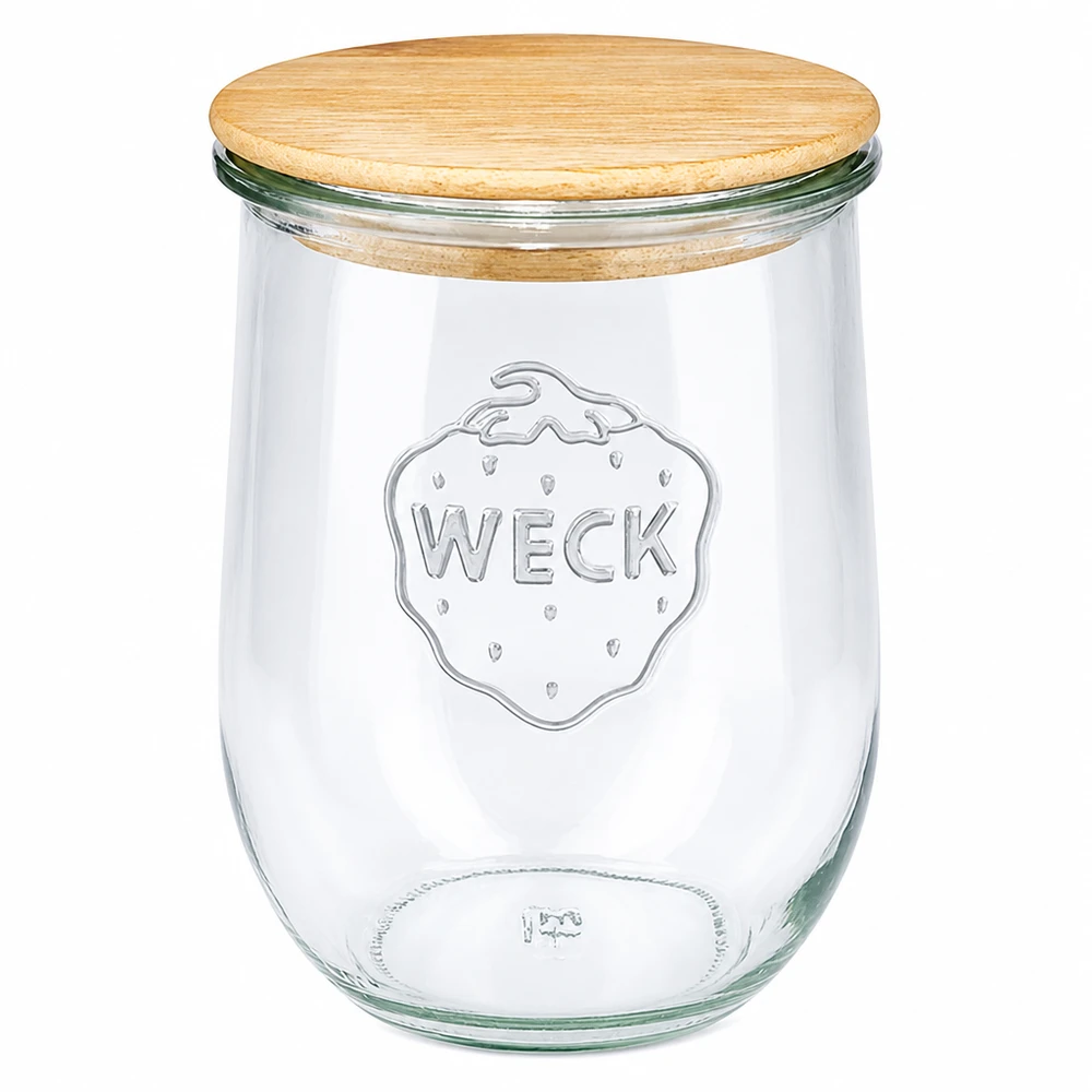 Frasco de tulipa WECK RR100 de 1062ml com tampa de madeira Frasco de tulipas WECK 1062ml RR100 com tampa de madeira Frasco de conserva em vidro com tampa de madeira natural