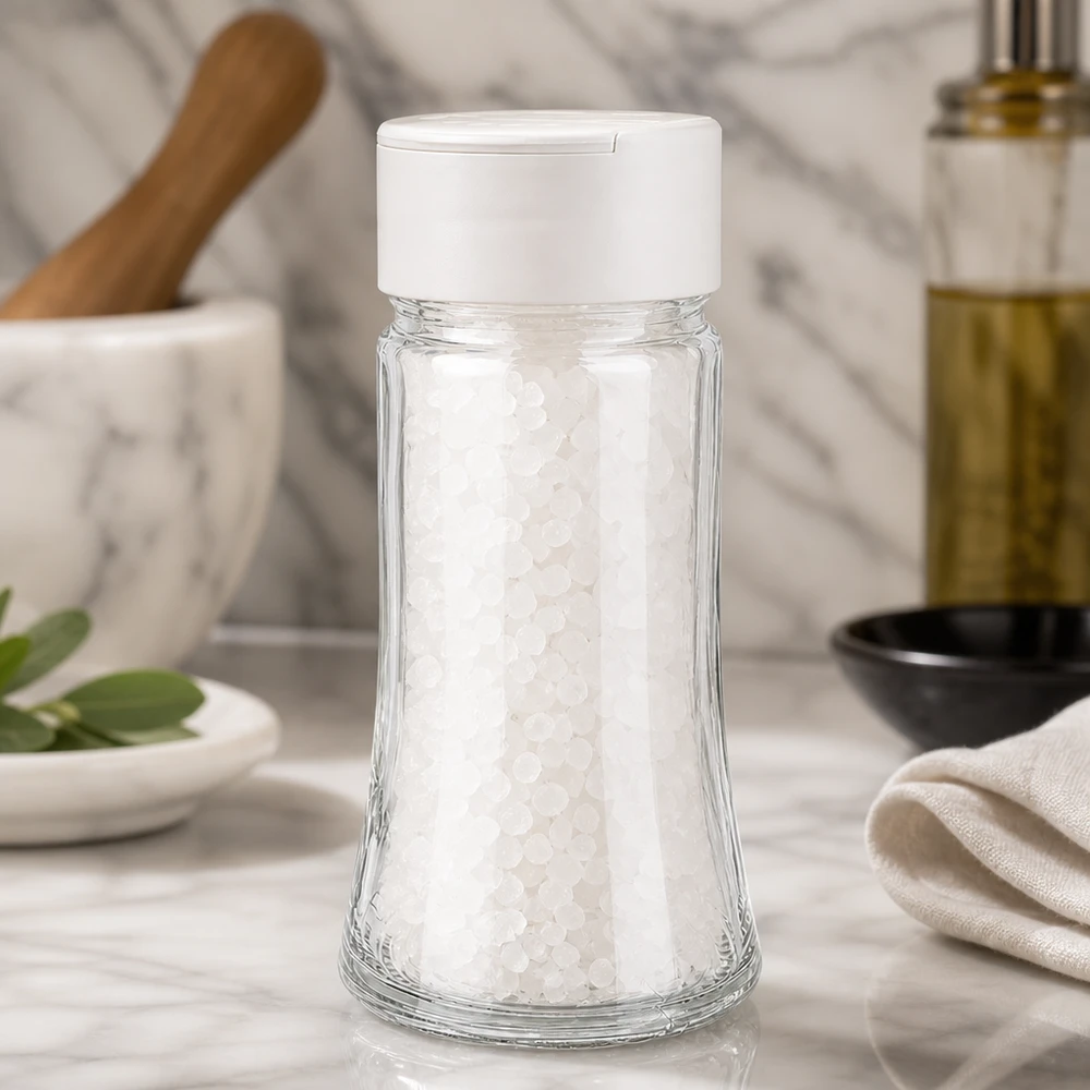 Frasco de sal e especiarias de 95 ml com espalhador duplo branco, cheio de sal marinho grosso, sobre uma base de mármore