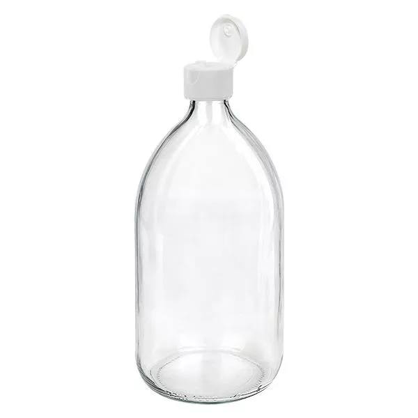 Frasco para medicamentos de 1000ml transparente, com tampa flip-top ApoGlas Frasco para medicamentos de 1000ml transparente, com tampa flip-top ApoGlas