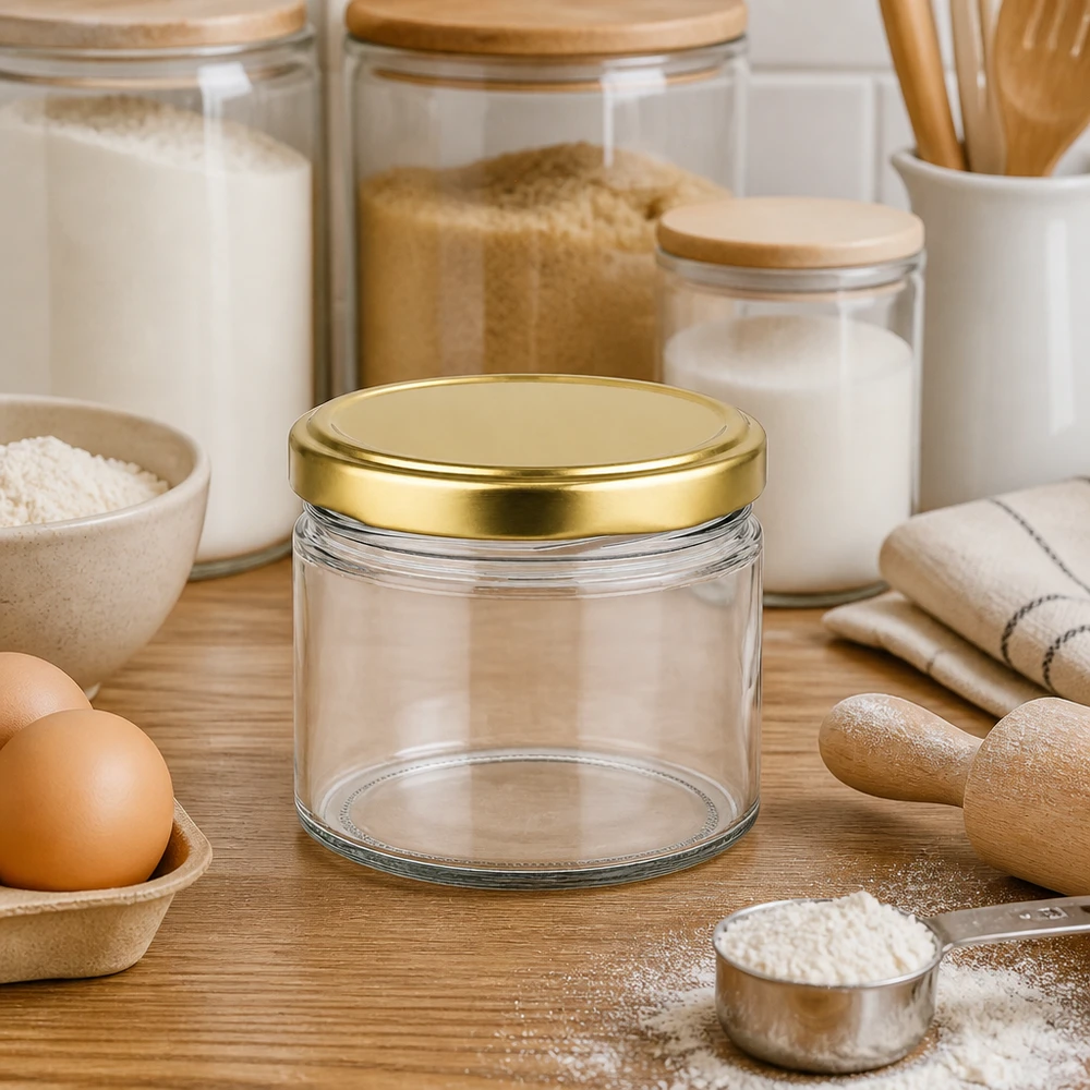 Frasco redondo de 540 ml com tampa dourada BasicSeal numa cozinha moderna entre frascos de arrumação e ingredientes de pastelaria