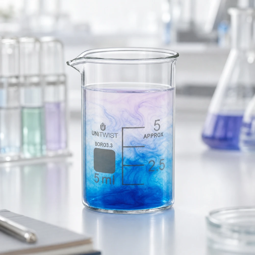 Pequeno copo de laboratório de 5 ml em borossilicato 3.3 com nuvem de cor azul e graduação