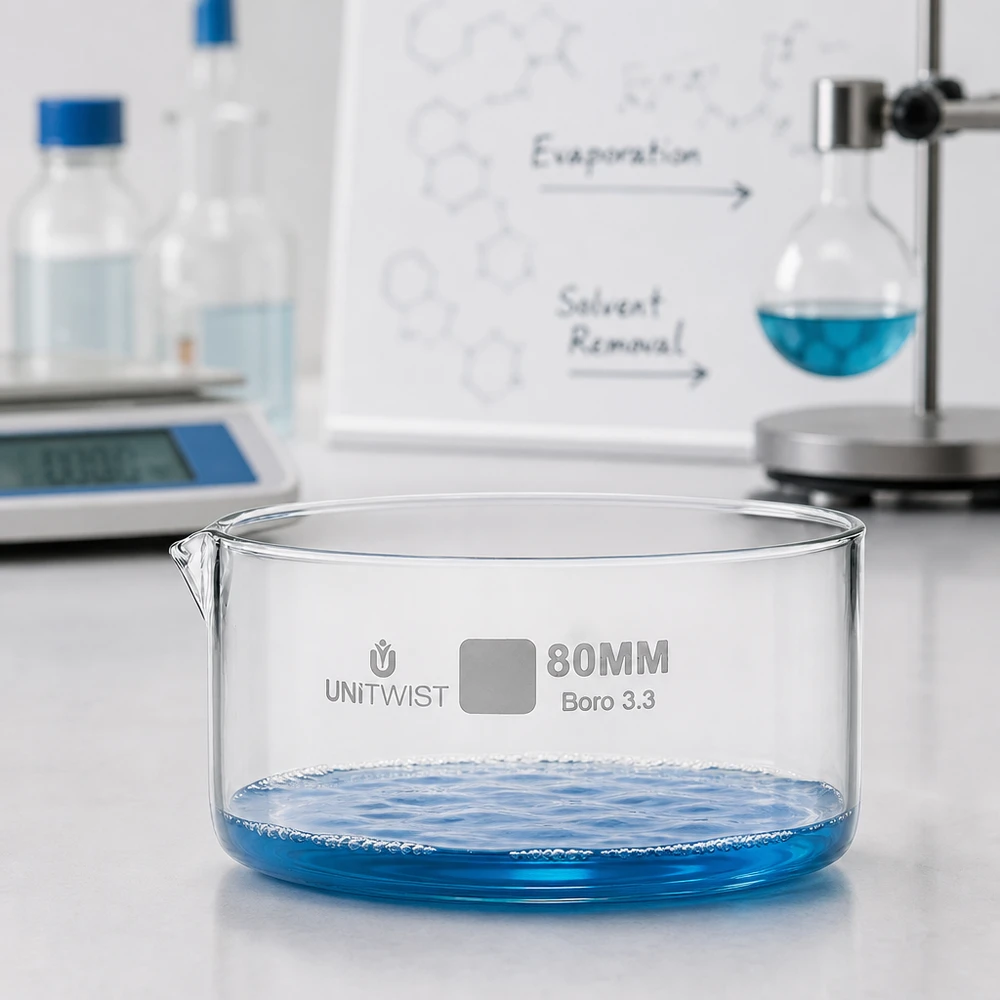 Taça de cristalização UNiTWIST, ø 80 mm, vidro borossilicato 3.3, com líquido azul sobre uma superfície branca de laboratório
