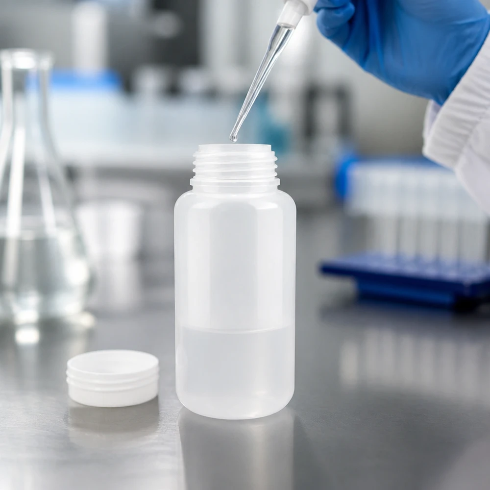 Frasco de laboratório de plástico branco de 1000 ml, de boca larga e aberto, sobre uma mesa de aço inoxidável com uma pipeta no laboratório