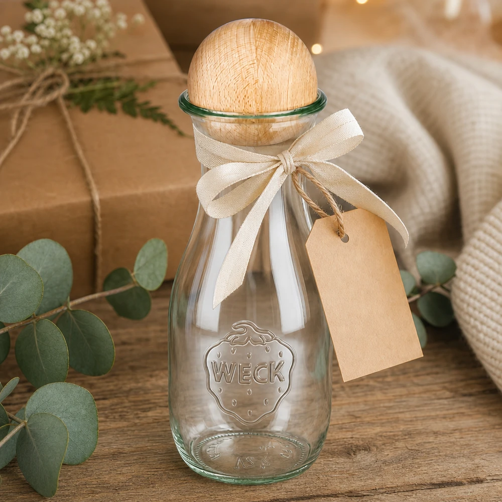 Garrafa de sumo WECK RR60 de 530ml com bola de madeira em faia Garrafa de sumo WECK 530ml embrulhada para presente com laço e etiqueta junto a eucalipto e decoração