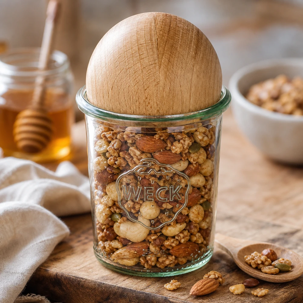 Copos de vidro WECK RR60 de 160ml com bola de madeira em faia WECK RR60 Copos de 160 ml com bola de faia cheia de nozes, dispostos de forma decorativa numa tábua de madeira com mel