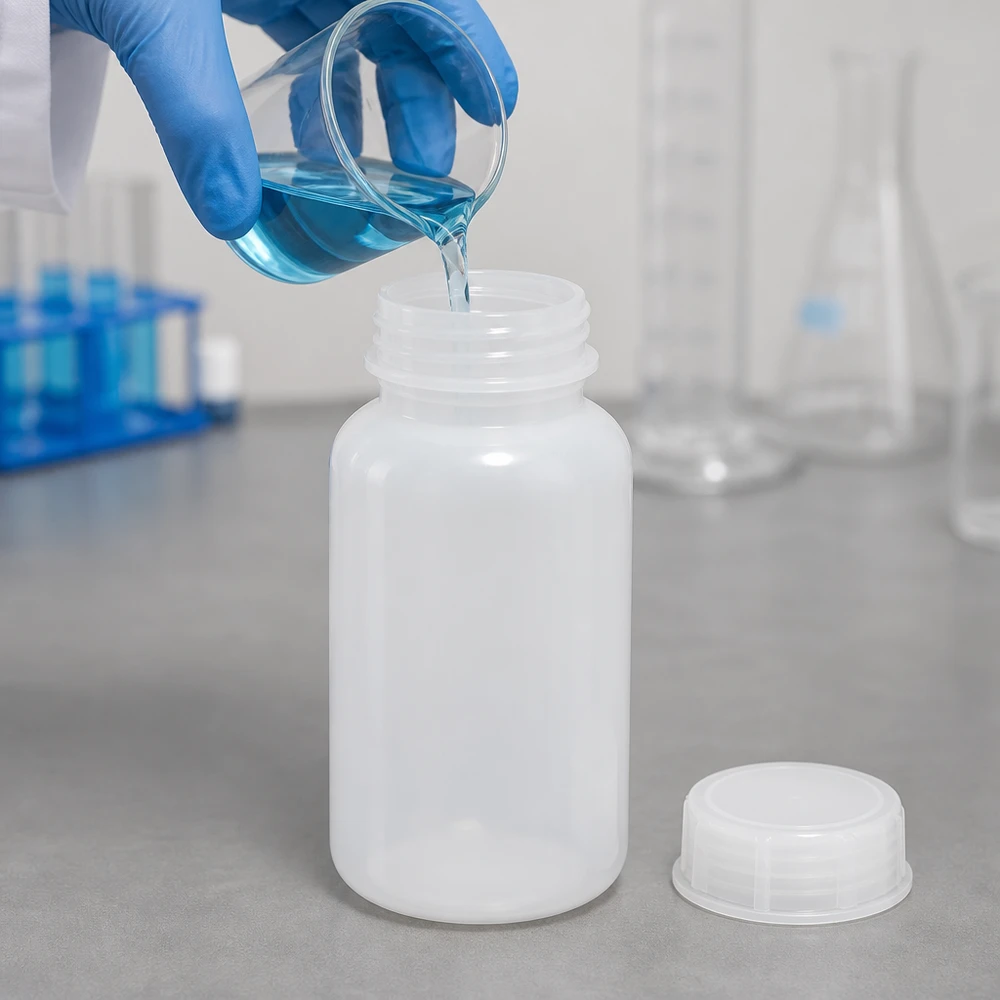 Frasco de laboratório de 500 ml com gargalo largo e tampa de rosca Weithals-Laborflasche 500ml mit abgestelltem Deckel beim Befüllen mit blauer chemischer Lösung