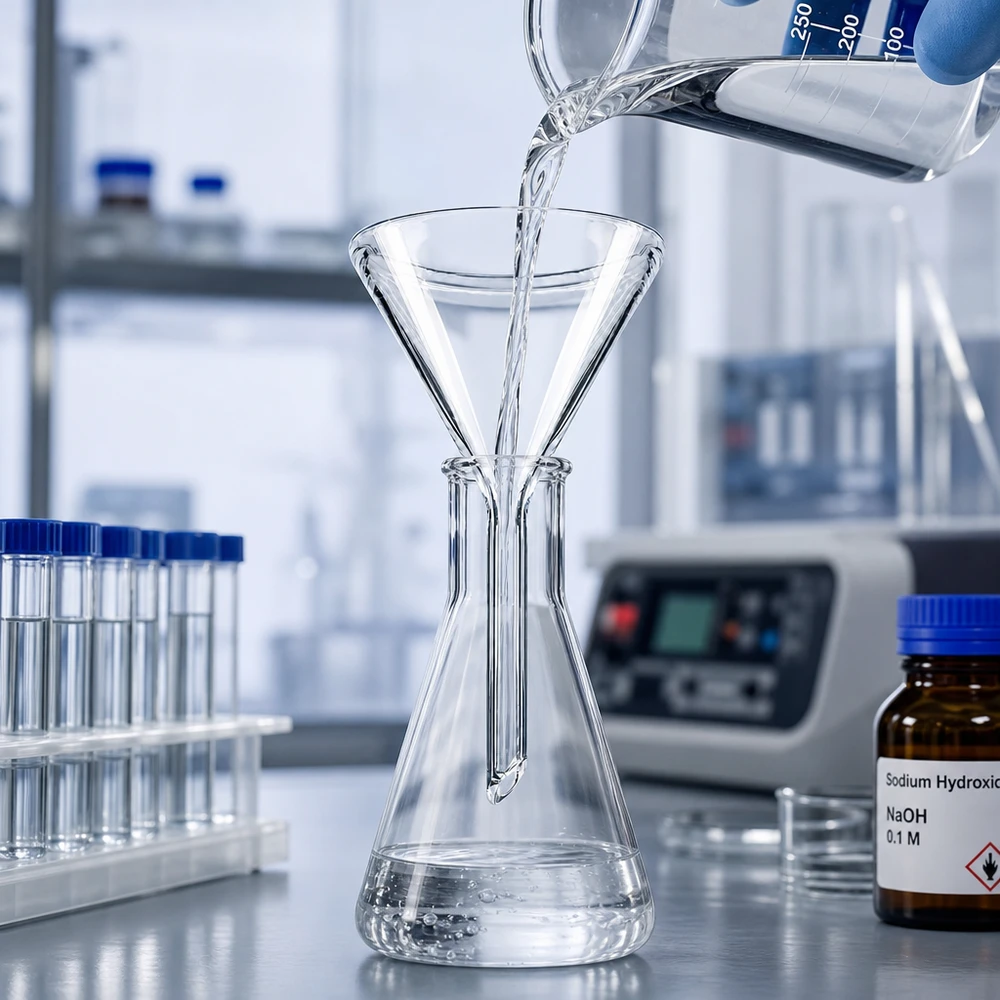 Funil ø40mm cal sodada, ângulo 60°, estilo curto Funil de vidro compacto de 40 mm em vidro de cal sodada com pega curta para um manuseamento fácil no laboratório