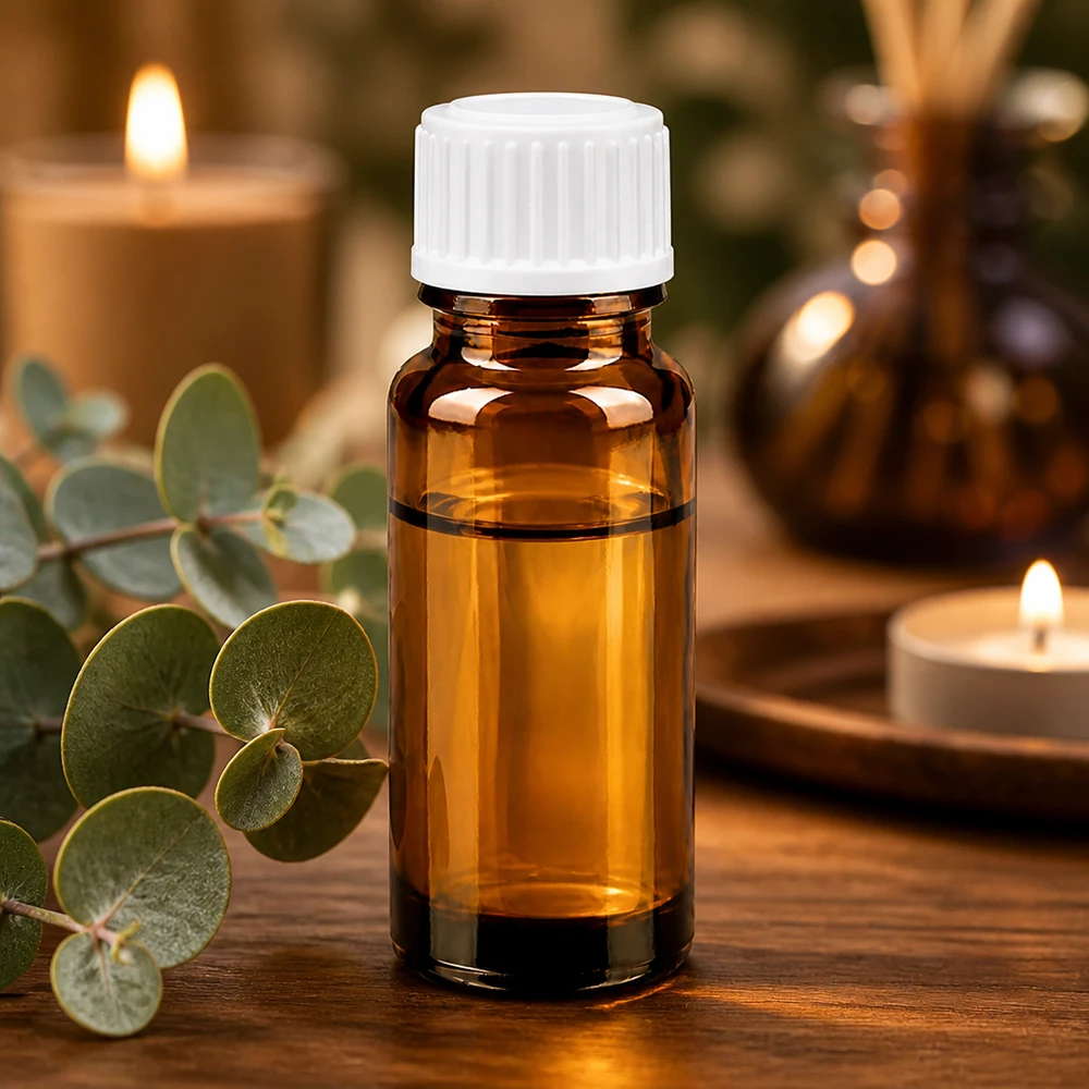 Frasco conta-gotas castanho de 10 ml com tampa de rosca branca sobre uma mesa de madeira com eucalipto e velas