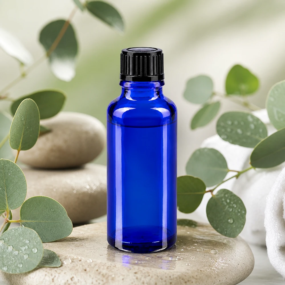 Frasco de farmácia azul cobalto de 30 ml com tampa conta-gotas preta sobre pedras de bem-estar