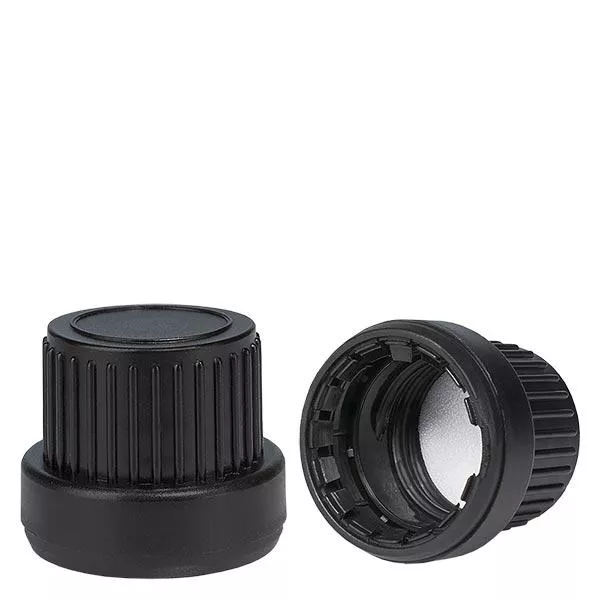 Tampa de rosca com vedante PE preto de 18 mm com fecho inviolável Tampa de rosca com vedante PE preto de 18 mm com fecho inviolável