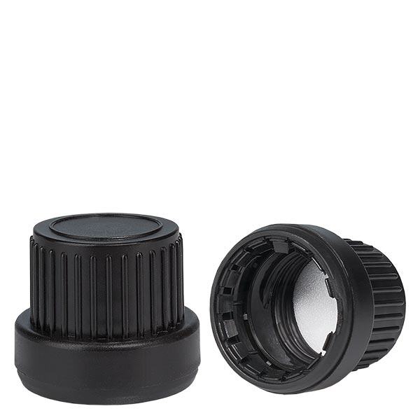 Tampa de rosca com vedante PE preto de 18 mm com fecho inviolável Tampa de rosca com vedante PE preto de 18 mm com fecho inviolável
