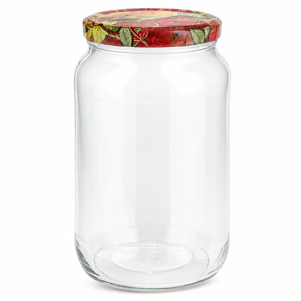 Frasco redondo de 1062 ml + tampa BasicSeal decoração de fruta UNiTWIST Frasco redondo de 1062 ml com tampa BasicSeal frasco para conservar fruta frasco transparente vazio com motivos de fruta coloridos