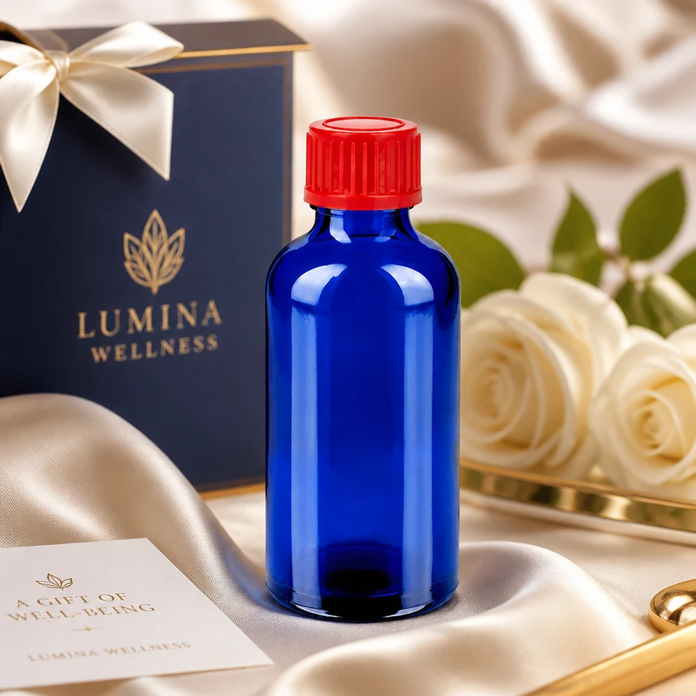 Frasco de 50ml 11mm tampa de rosca vermelha Standard BlueLine UT18/50 Frasco de vidro compacto de 50 ml BlueLine UT18/50 com design de alto contraste em vermelho e azul