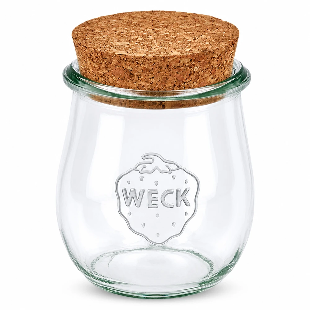 Frasco de tulipa de 220ml WECK RR60 com cortiça natural Frasco tulipa WECK 220ml RR60 com rolha de cortiça natural Frasco de conserva em vidro transparente