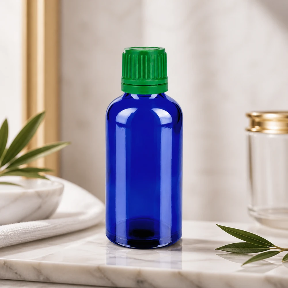 Frasco de vidro robusto de 50 ml com tampa de rosca verde para aplicações de cosmética e bem-estar