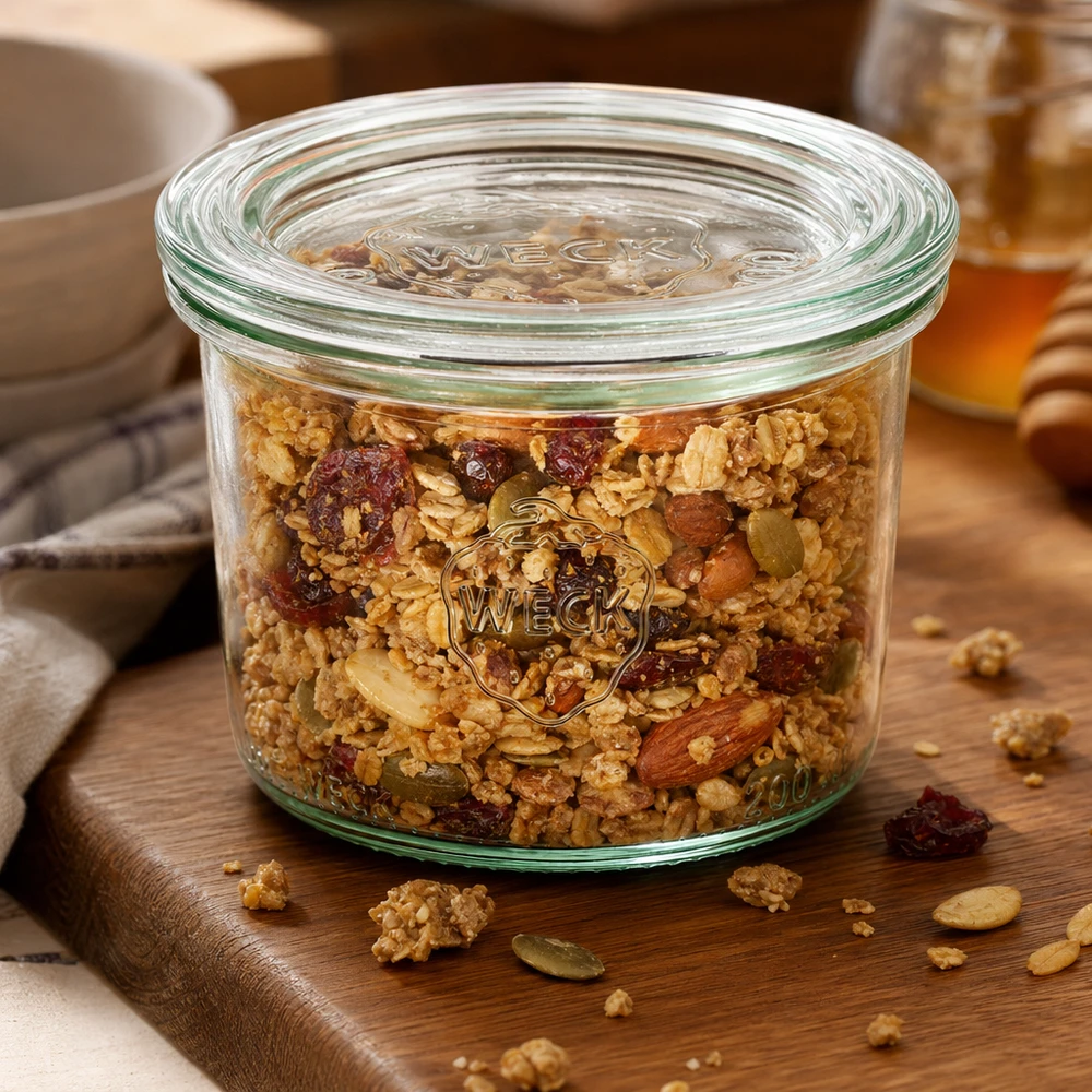 Copo de vidro de 200ml com tampa WECK RR80 O frasco de vidro WECK RR80 de 200 ml cheio de muesli e nozes numa tábua de madeira mostra como é prático guardar alimentos