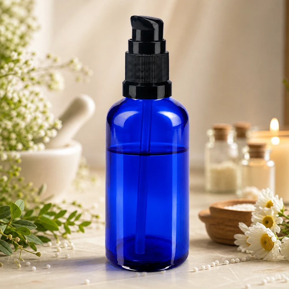 Frasco de vidro azul de farmácia com bomba, de 50 ml, com cabeça dosadora preta, para produtos cosméticos