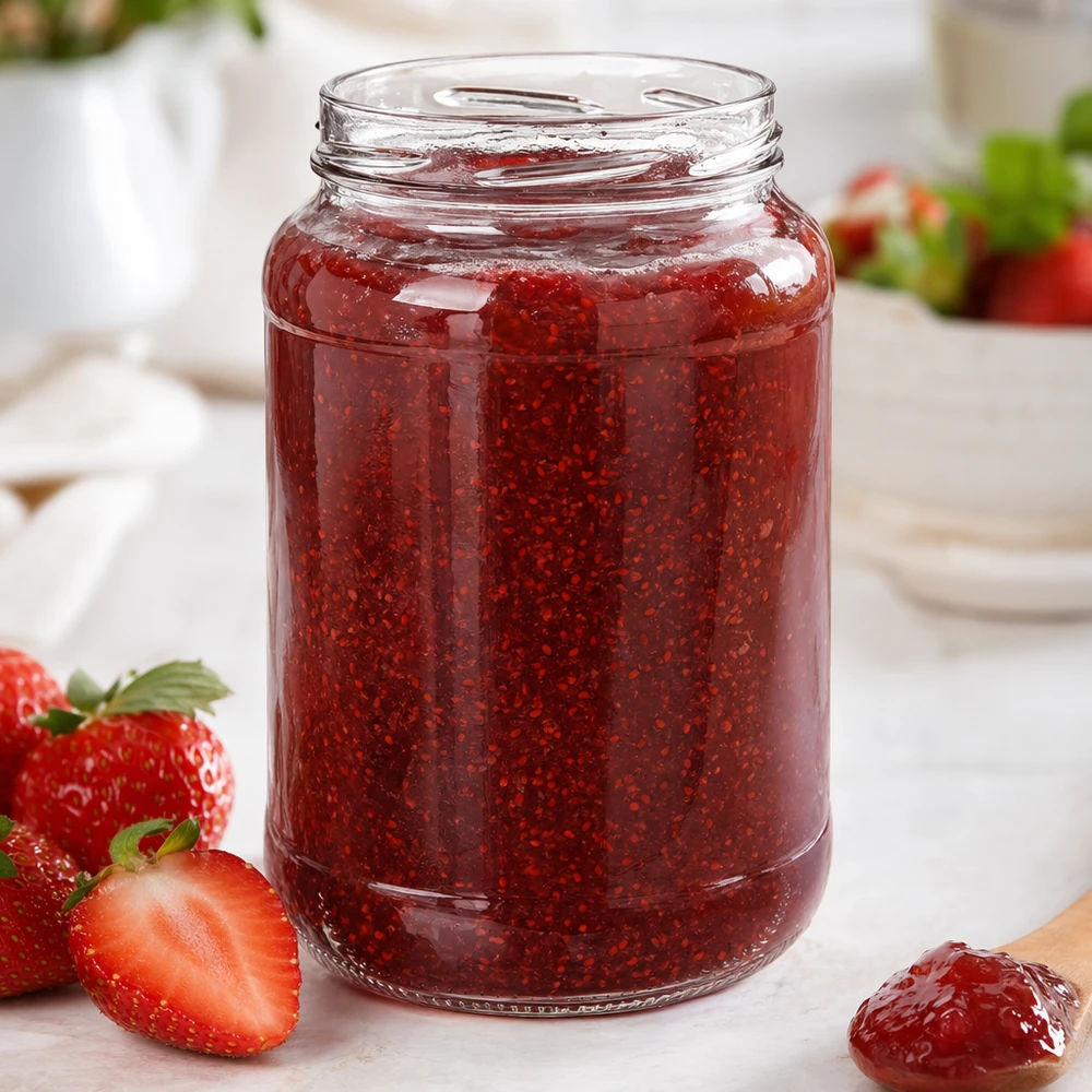 UNiTWIST Runda1700 copos 1700ml TO100 com compota de morango caseira morangos frescos pequeno-almoço mesa branca