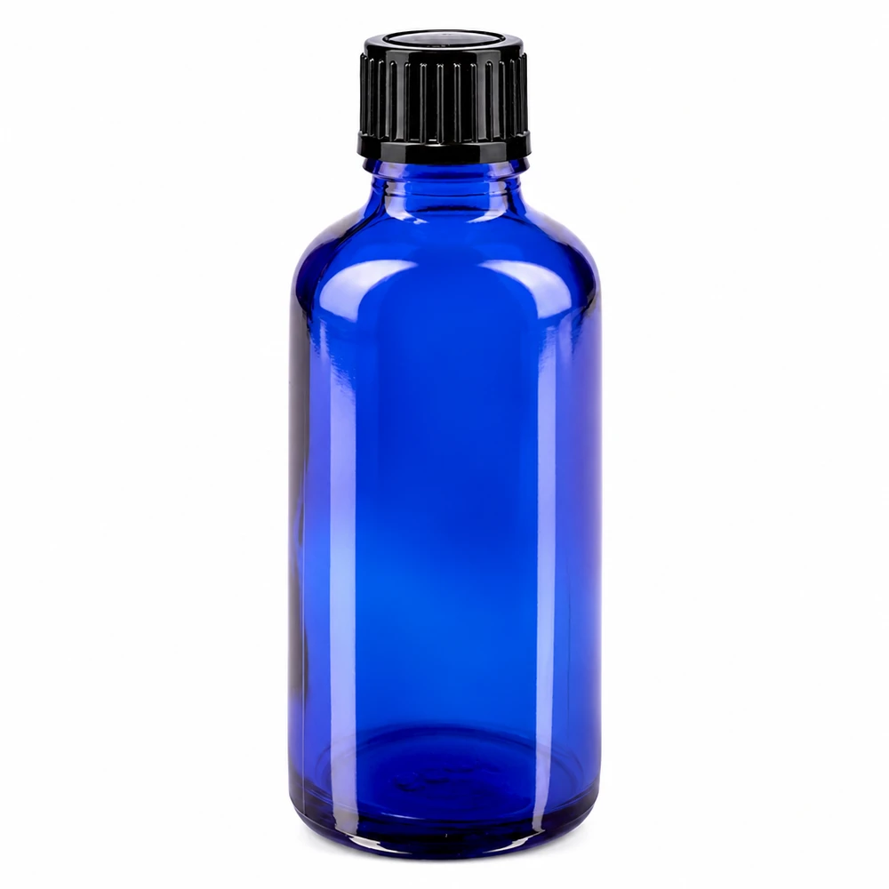 Frasco de vidro azul de 50 ml com tampa conta-gotas preta, em vidro de farmácia de alta qualidade