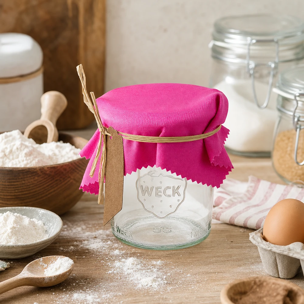 Pano decorativo em tecido cor-de-rosa de 12 cm quadrado num frasco Weck para cozinha com ambiente de farinha, ovos e ingredientes de pastelaria