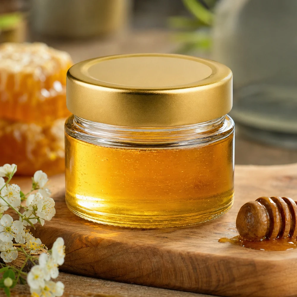 Frasco de vidro redondo de 80ml com tampa BasicSeal dourada profunda UNiTWIST