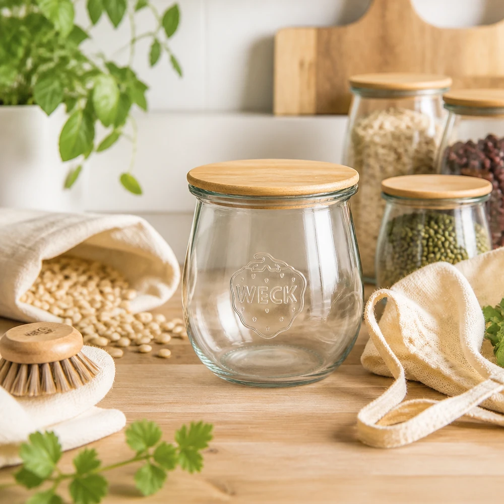 Frasco de tulipas de 220 ml WECK RR60 com tampa de madeira WECK Tulpenglas 220ml RR60 Holzdeckel in Zero-Waste Küche mit Hülsenfrüchten Getreide und nachhaltigen Utensilien