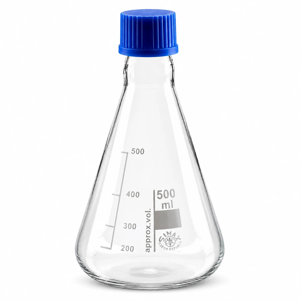 Frasco Erlenmeyer 500ml com tampa de rosca Frasco Erlenmeyer de 500 ml com forma cónica e tampa azul prática