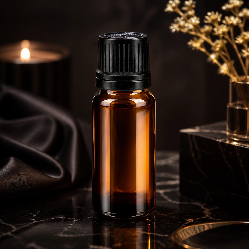 Frasco de farmácia castanho 10ml tampa conta-gotas anel de vazamento 1mm tampa preta inviolável Superfície em mármore escuro com um frasco conta-gotas de 10 ml em vidro de farmácia, de cor âmbar, e tampa OV preta