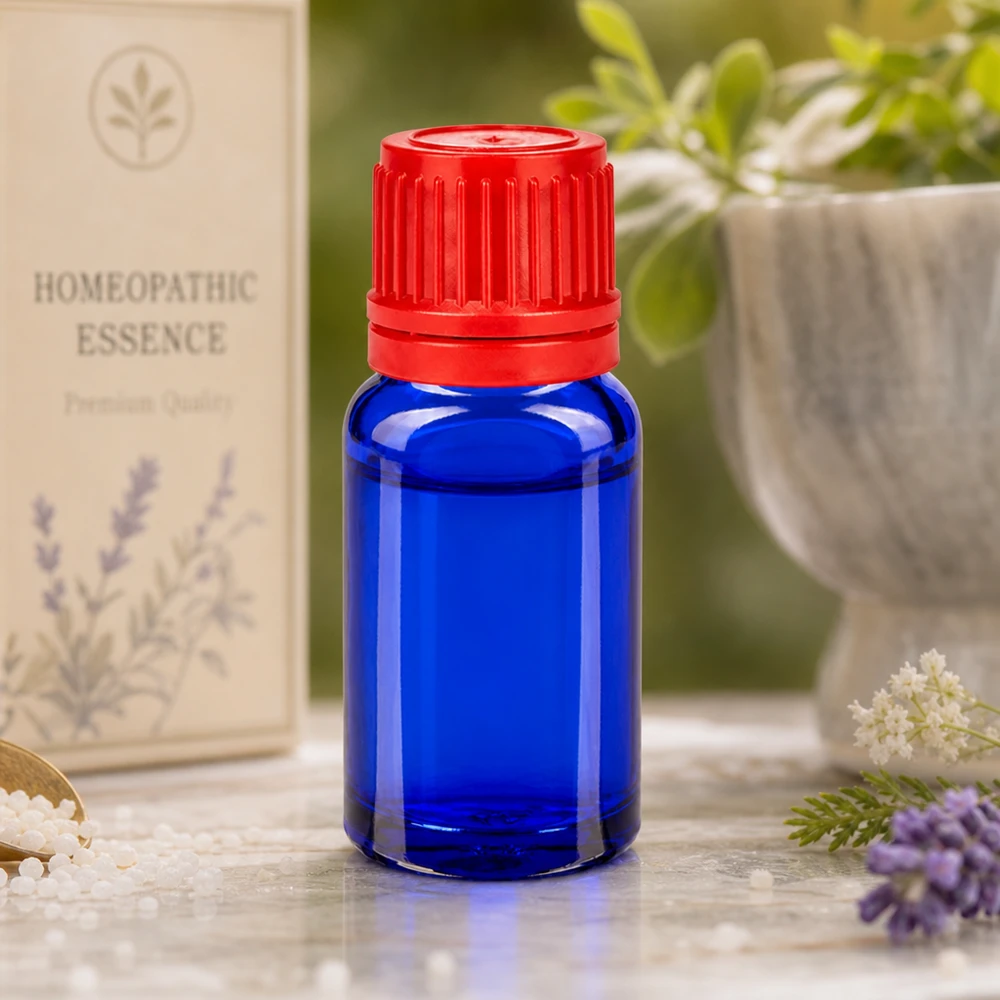 Frasco de 10ml 11mm tampa de rosca vermelha inviolável BlueLine UT18/10 Frasco de boticário azul de 10 ml com tampa vermelha 11 mm SV para essências homeopáticas e naturopatia