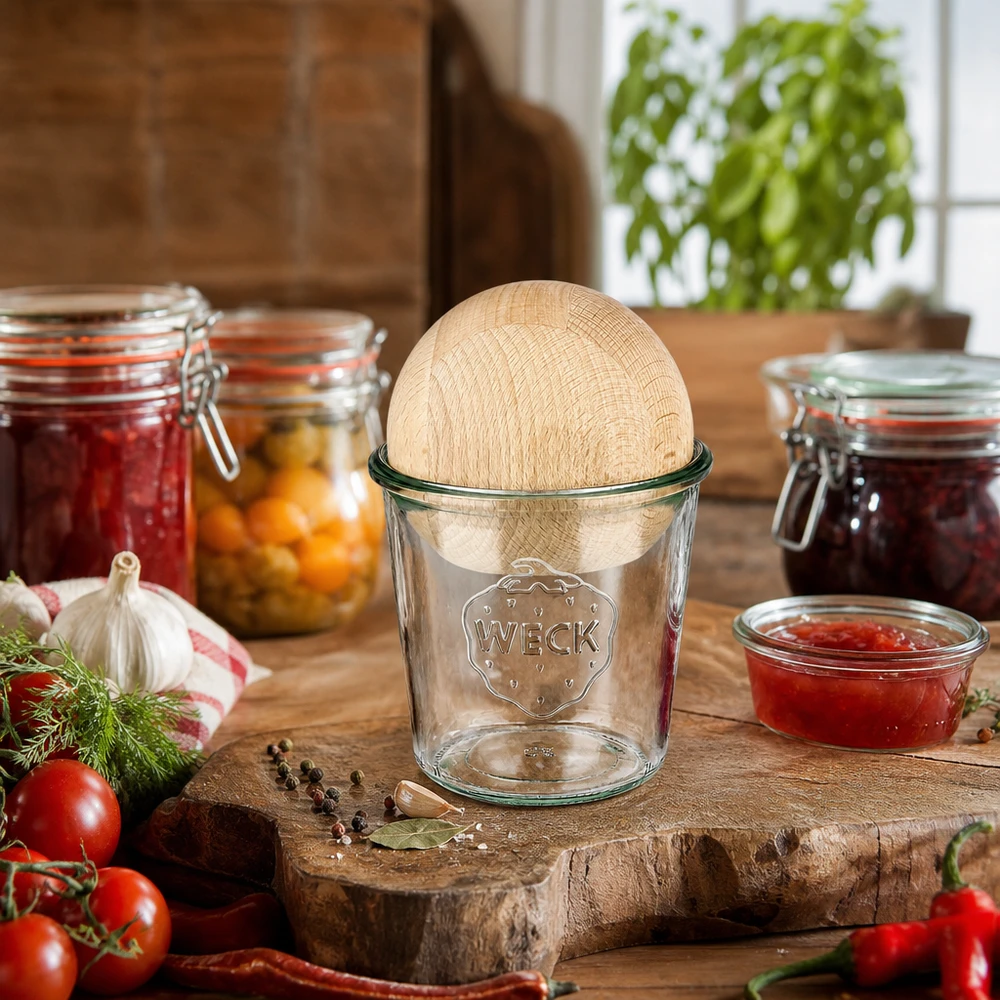 Frasco WECK 580ml RR100 com bola de madeira de faia numa cozinha rústica entre frascos de conserva e ingredientes frescos