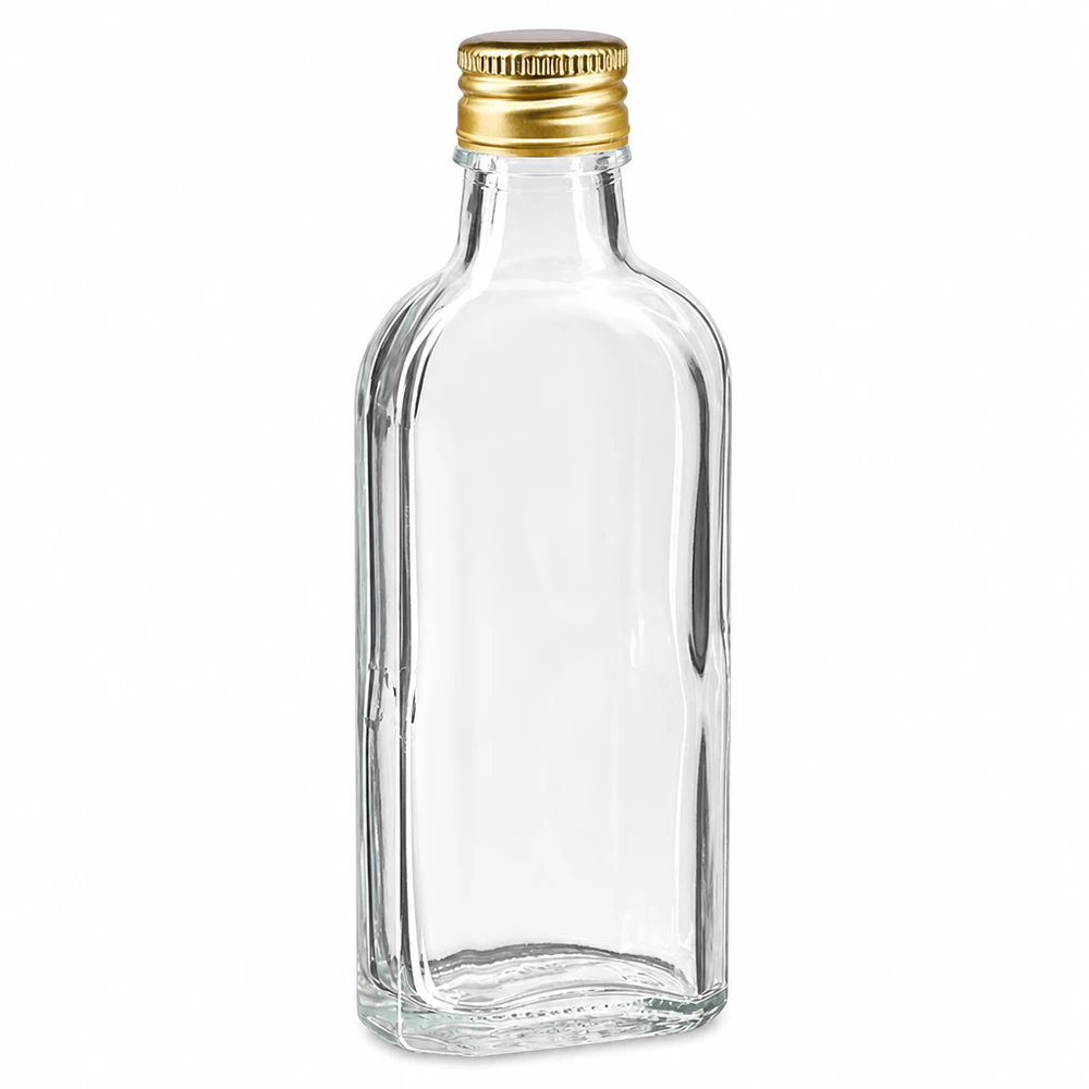100 ml Meplat transparente com tampa de alumínio dourada PP22 Frasco de vidro Meplat transparente de 100 ml com tampa de alumínio dourada PP22 para bebidas espirituosas e licores