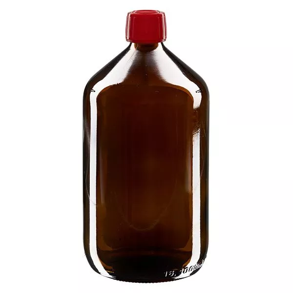 Frasco de medicamento de 1000 ml castanho, tampa vermelha com anel inviolável ApoGlas Frasco de medicamento de 1000 ml castanho, tampa vermelha com anel inviolável ApoGlas
