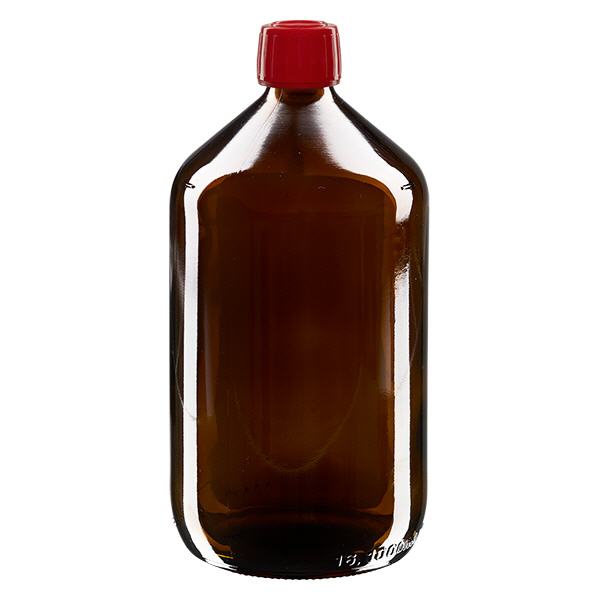 Frasco de medicamento de 1000 ml castanho, tampa vermelha com anel inviolável ApoGlas