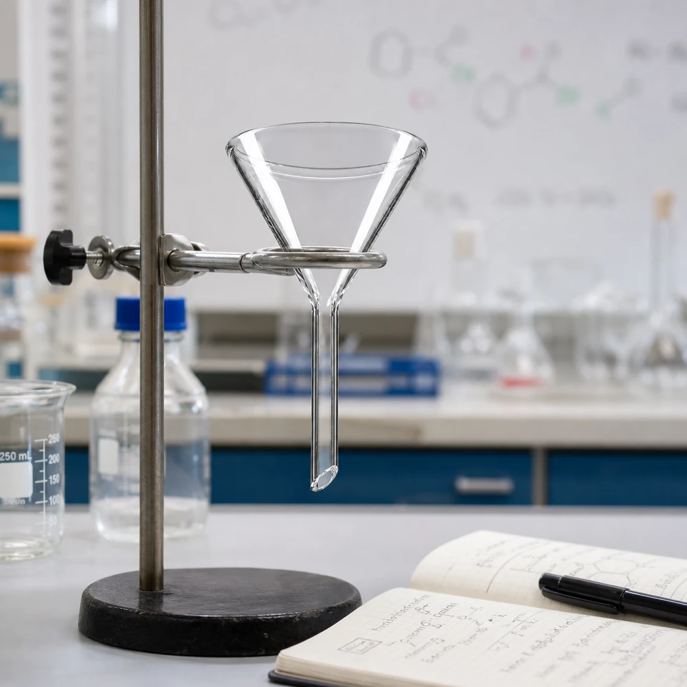 Funil ø50mm cal sodada, ângulo 60°, estilo curto Funil transparente com ângulo de 60 graus, fabricado em vidro de cal sodada de alta qualidade para tecnologia laboratorial