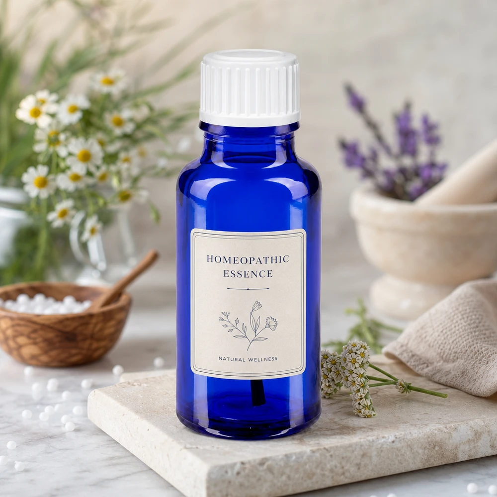 Essência homeopática num frasco de vidro azul cobalto de 20 ml, com tampa branca e decoração com ervas